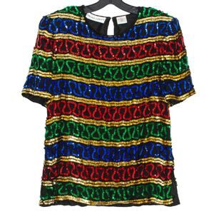 Night Vogue Womens Top Silk All Over Sequin Disco Maximalist Glam Costume XL GS